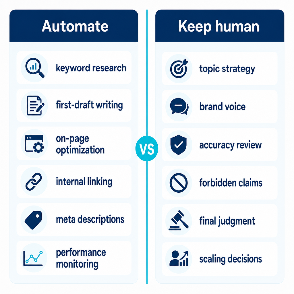 Comparison chart listing tasks suited to automation versus tasks that require human control