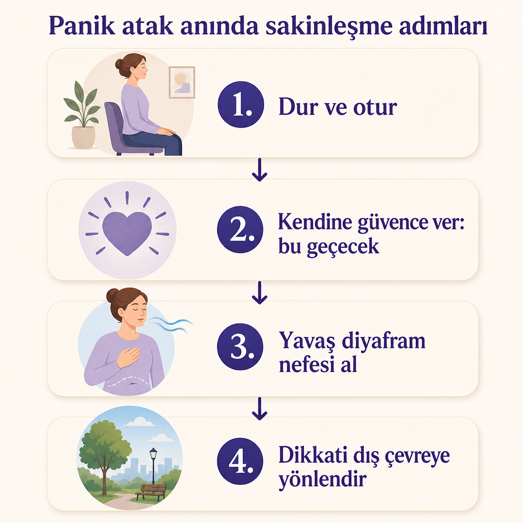 Panik atak anında uygulanacak dört sakinleşme adımını gösteren akış şeması