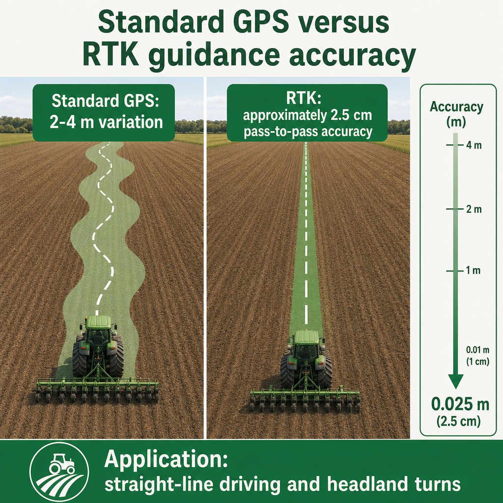 Comparison graphic showing a wide standard GPS pass versus a tight RTK-guided pass across a field