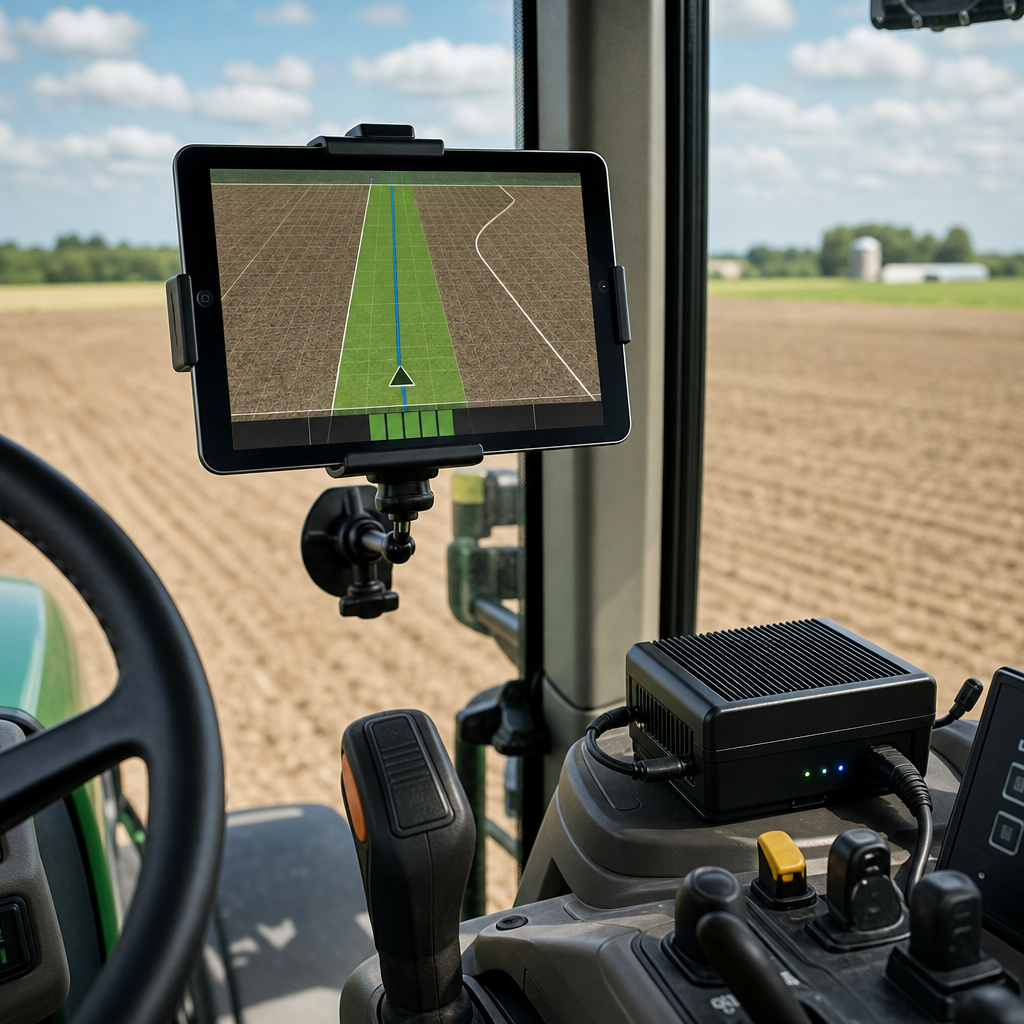 An iPad mounted in a tractor cab running a guidance interface with a compact autosteer hardware unit nearby