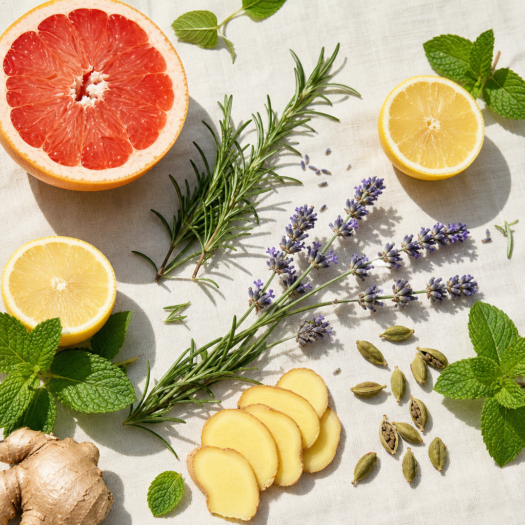 Yarım kesilmiş greyfurt ve limon, biberiye, lavanta ve nane gibi ferah aromatik koku notalarının aydınlık still life düzenlemesi