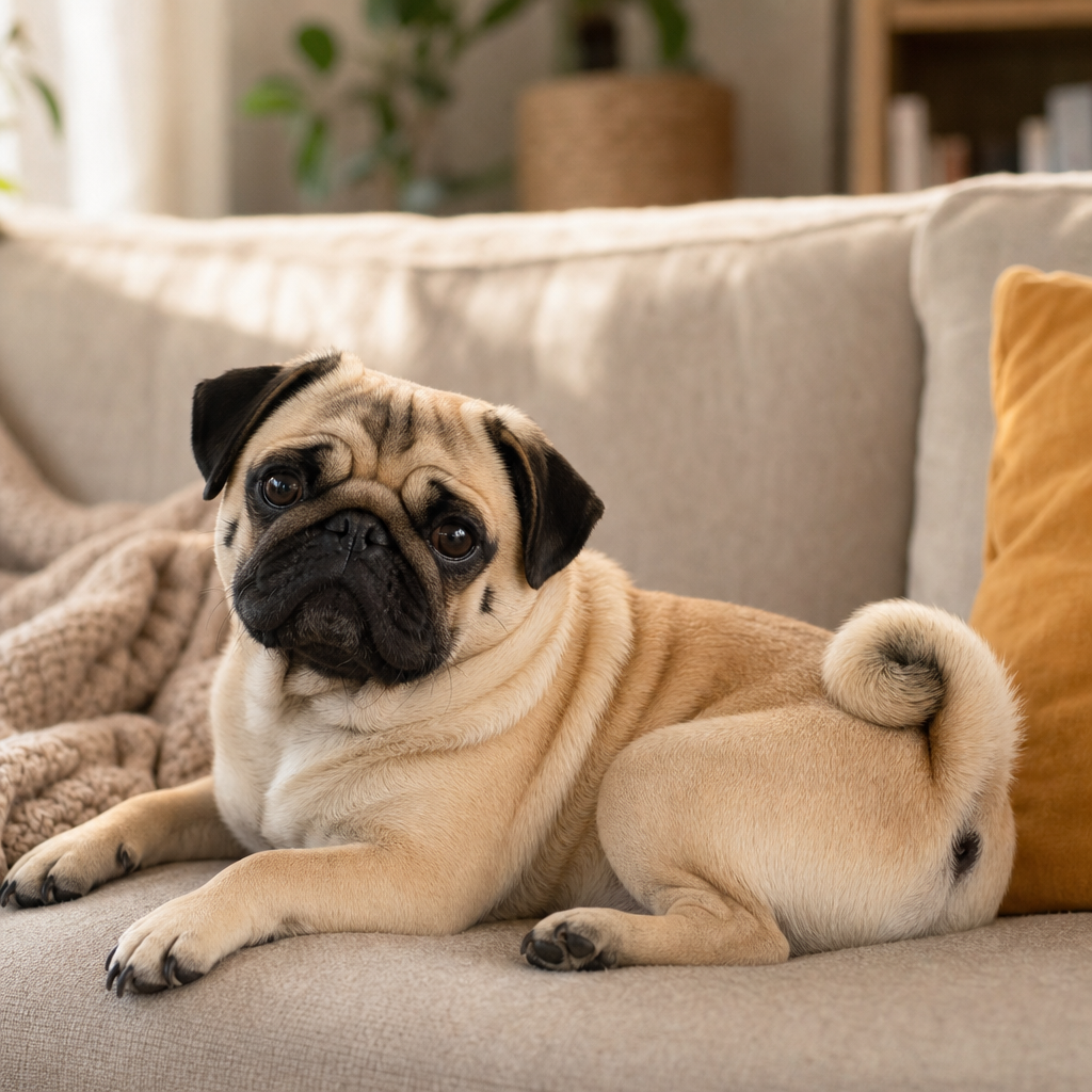 Ev ortamında kanepede dinlenen küçük bir pug köpeği
