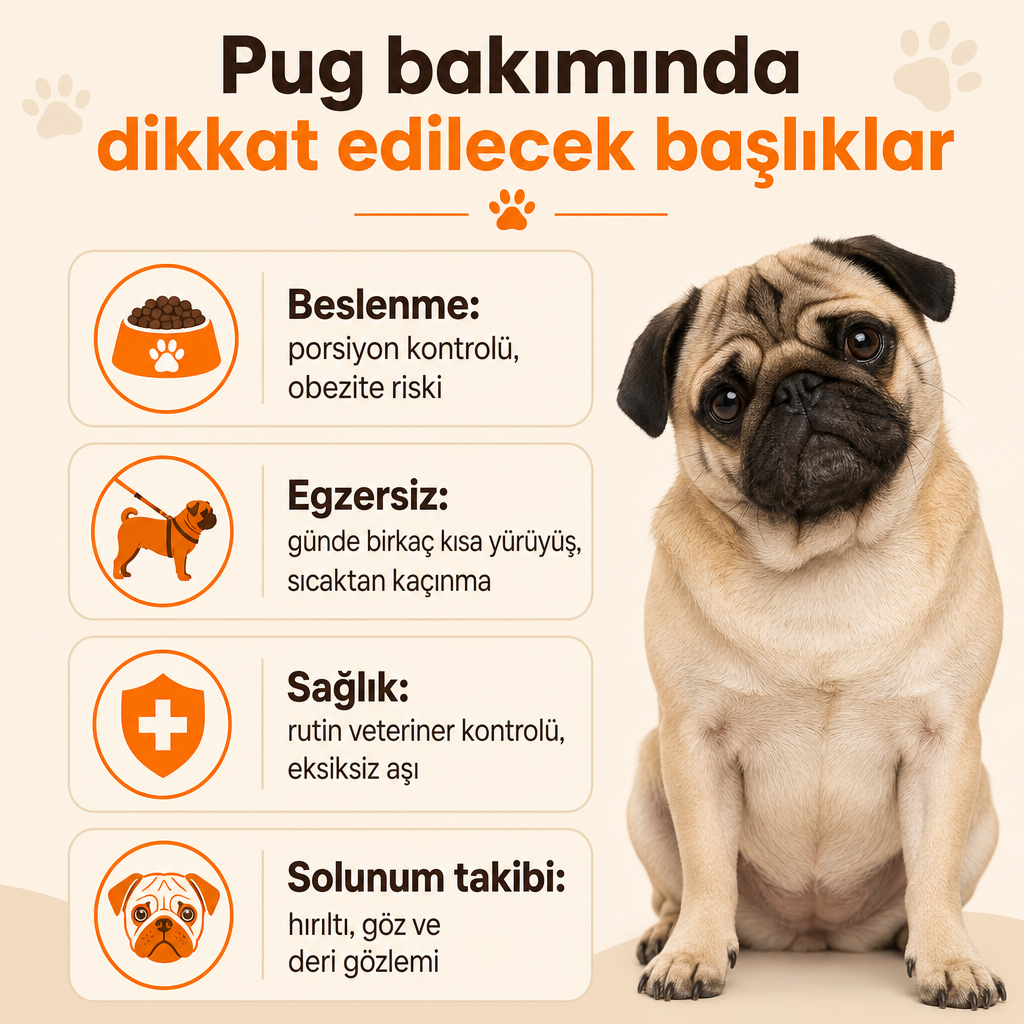 Pug bakımının dört ana başlığını özetleyen bilgi grafiği