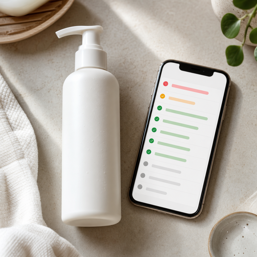 A gentle face wash bottle next to a phone showing a skincare ingredient analysis