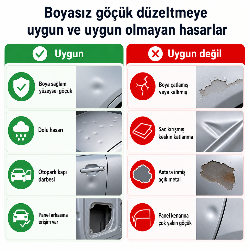 Boyasız göçük düzeltmeye uygun ve uygun olmayan hasar tiplerini yeşil ve kırmızı sütunlarda gösteren karşılaştırma görseli.