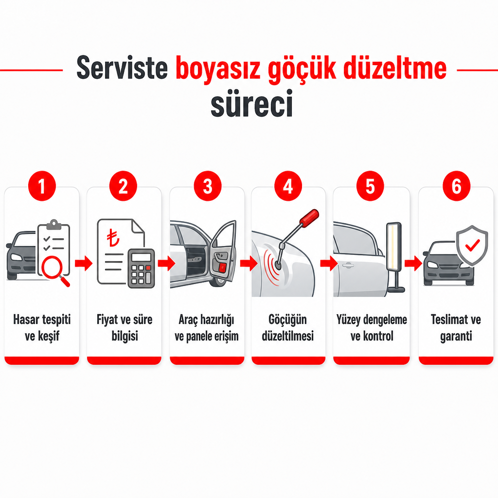 Boyasız göçük düzeltmenin altı adımlık servis sürecini soldan sağa gösteren süreç şeması.