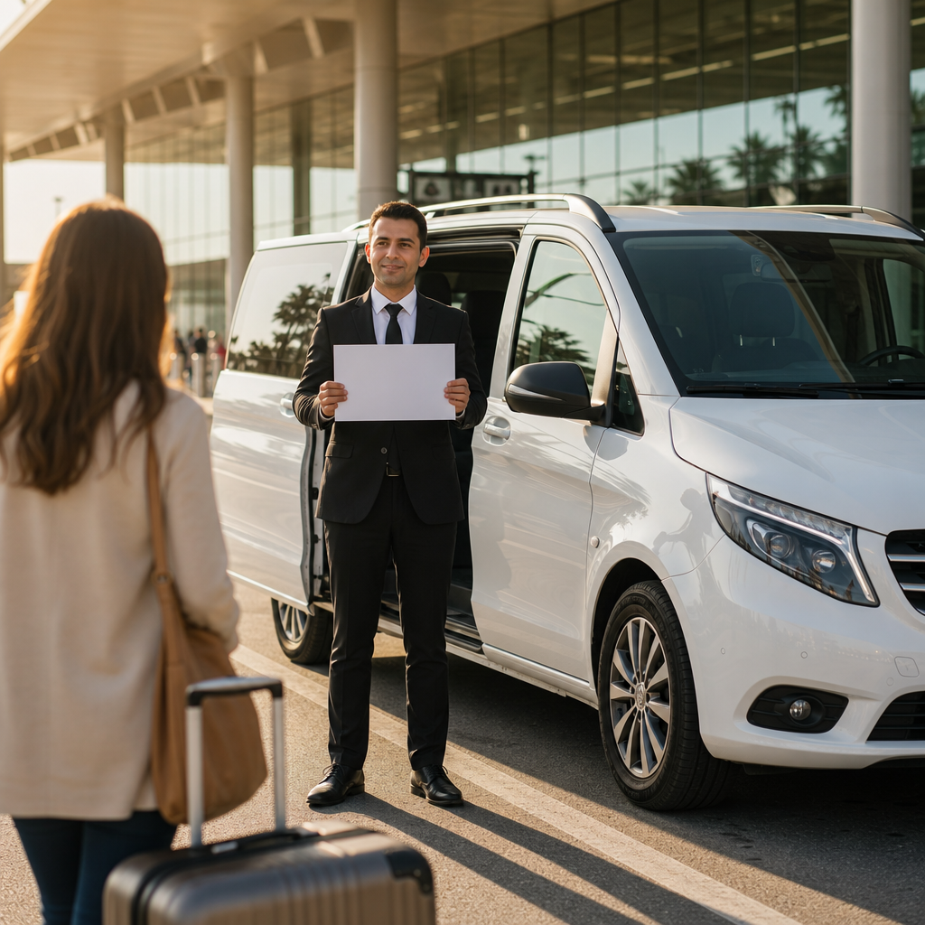 Weißer Mercedes Vito am Ausgang des Flughafens Antalya und ein Chauffeur im Anzug, der den Fahrgast begrüßt