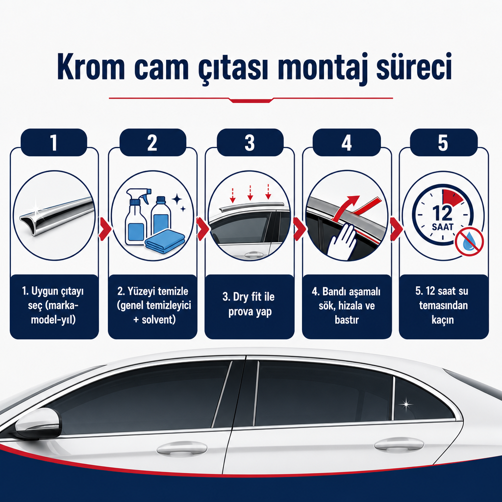 Krom cam çıtası montajının beş adımlı süreç şeması