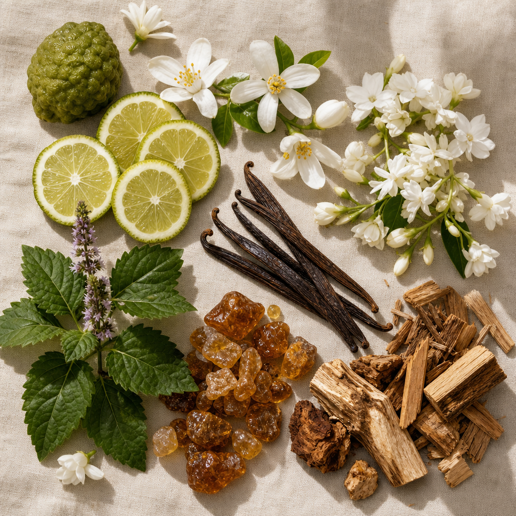 Bergamot dilimleri, portakal çiçeği, yasemin, vanilya çubukları, paçuli yaprakları ve kehribar benzeri reçineden oluşan doğal koku notaları düzenlemesi