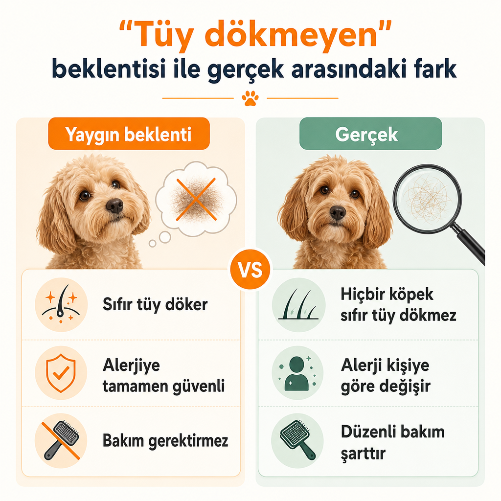 Tüy dökmeyen köpek beklentisi ile bilimsel gerçeği karşılaştıran iki sütunlu görsel.