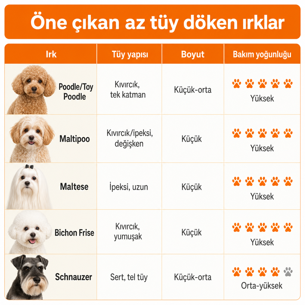 Poodle, Maltipoo, Maltese, Bichon Frise ve Schnauzer ırklarının tüy yapısı, boyutu ve bakım yoğunluğunu gösteren tablo.