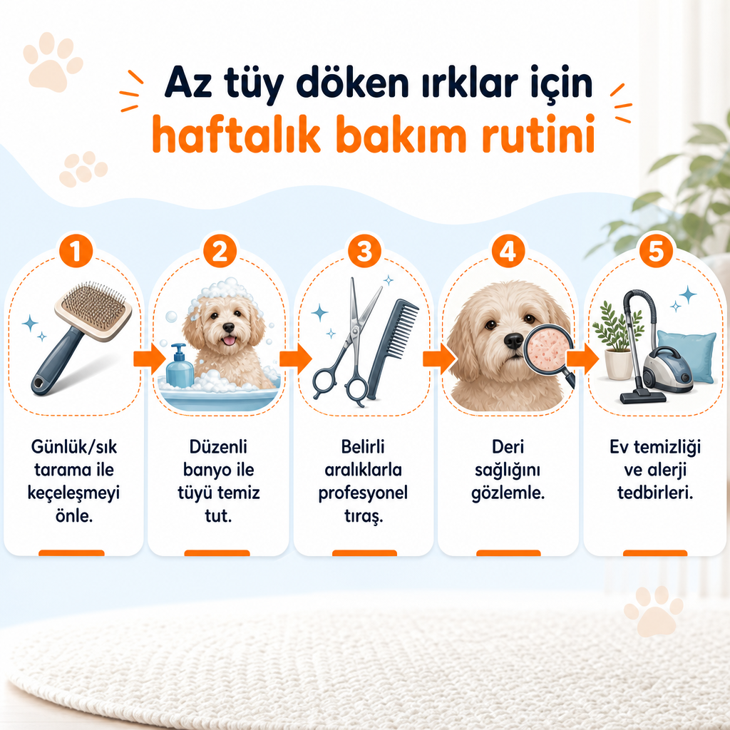 Tarama, banyo, tıraş, deri kontrolü ve ev temizliği adımlarını gösteren bakım rutini akışı.
