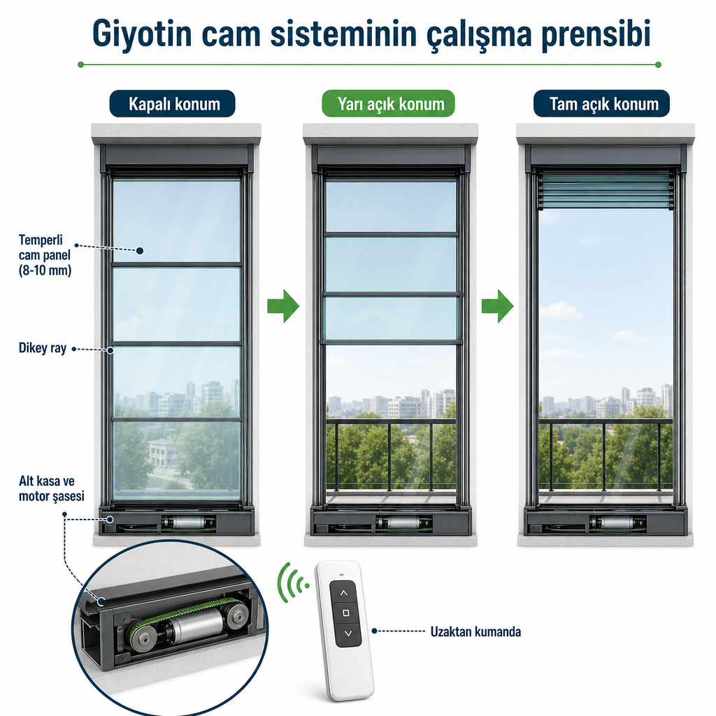 Giyotin cam panellerinin dikey raylarda kapalı, yarı açık ve tam açık konumlarını gösteren teknik diyagram