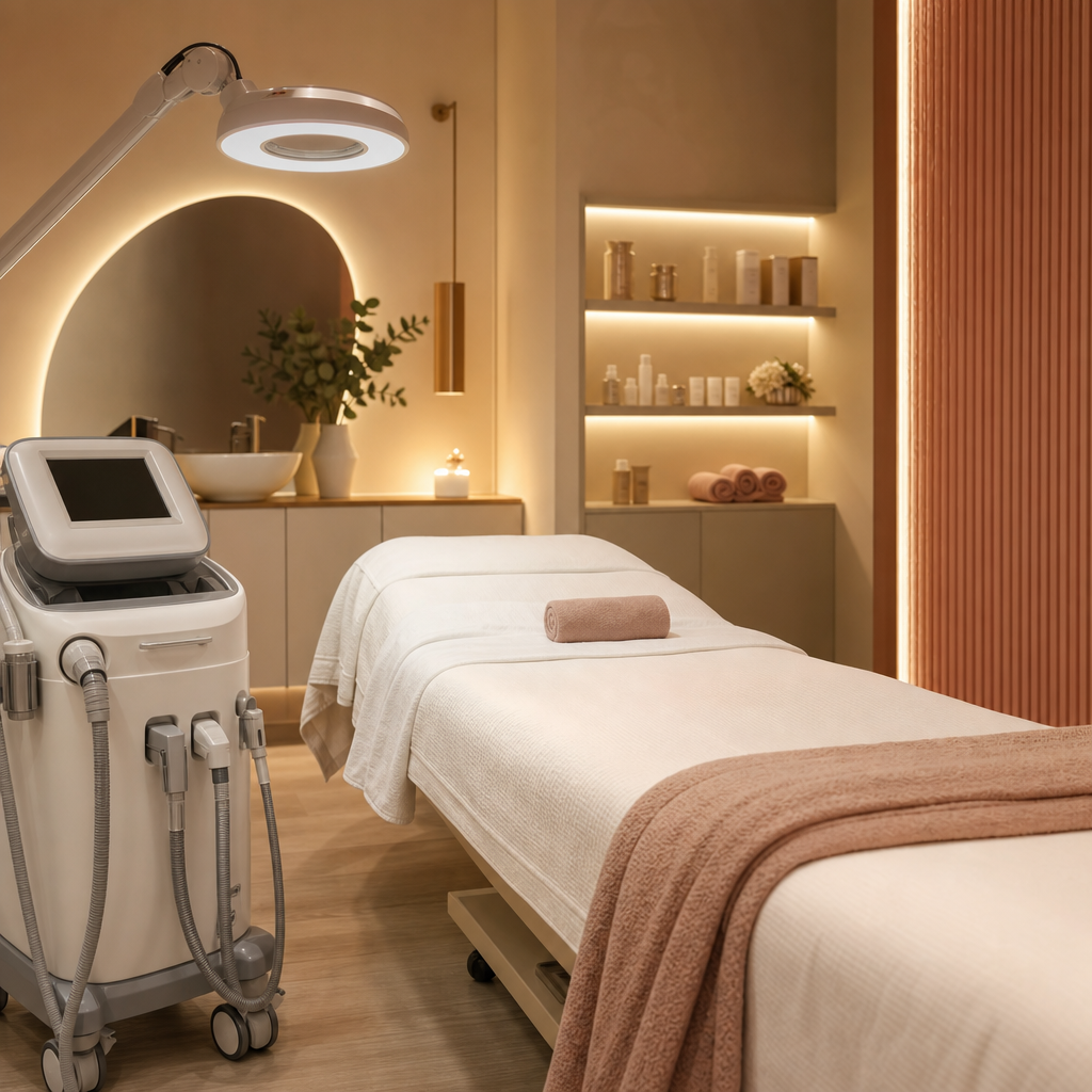 Sıcak ışıklı, düzenli ve hijyenik bir medikal spa bakım odası