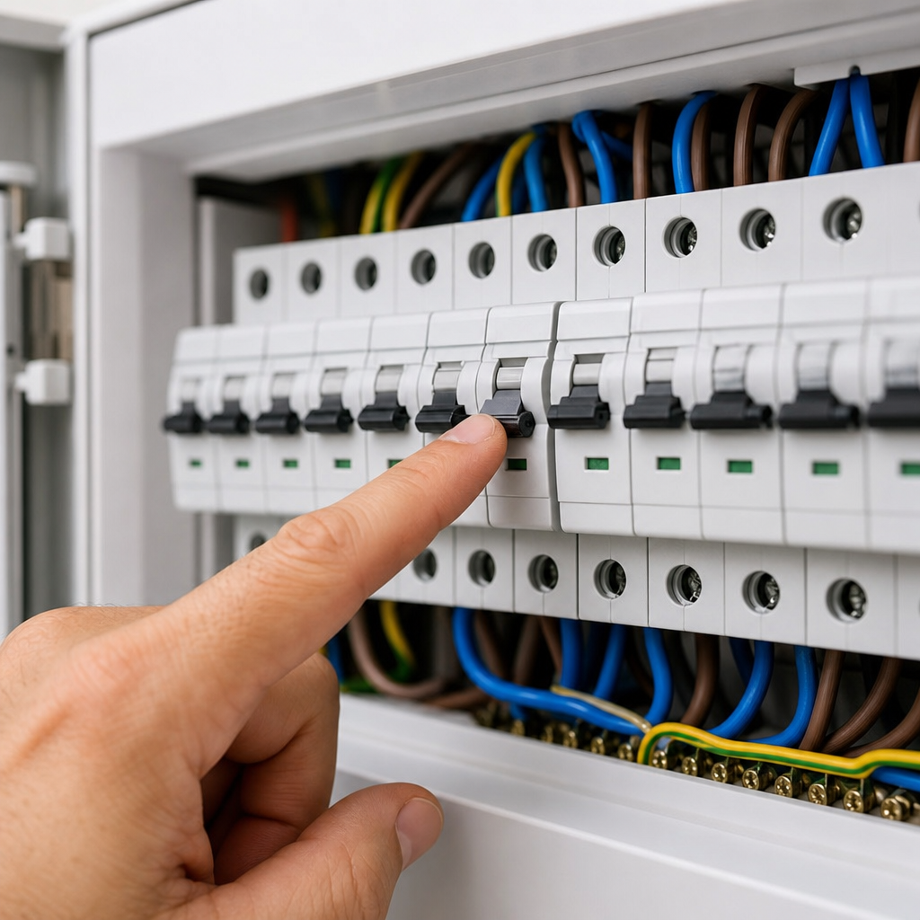 Konut elektrik panosunda atmış bir sigortayı gösteren yakın çekim