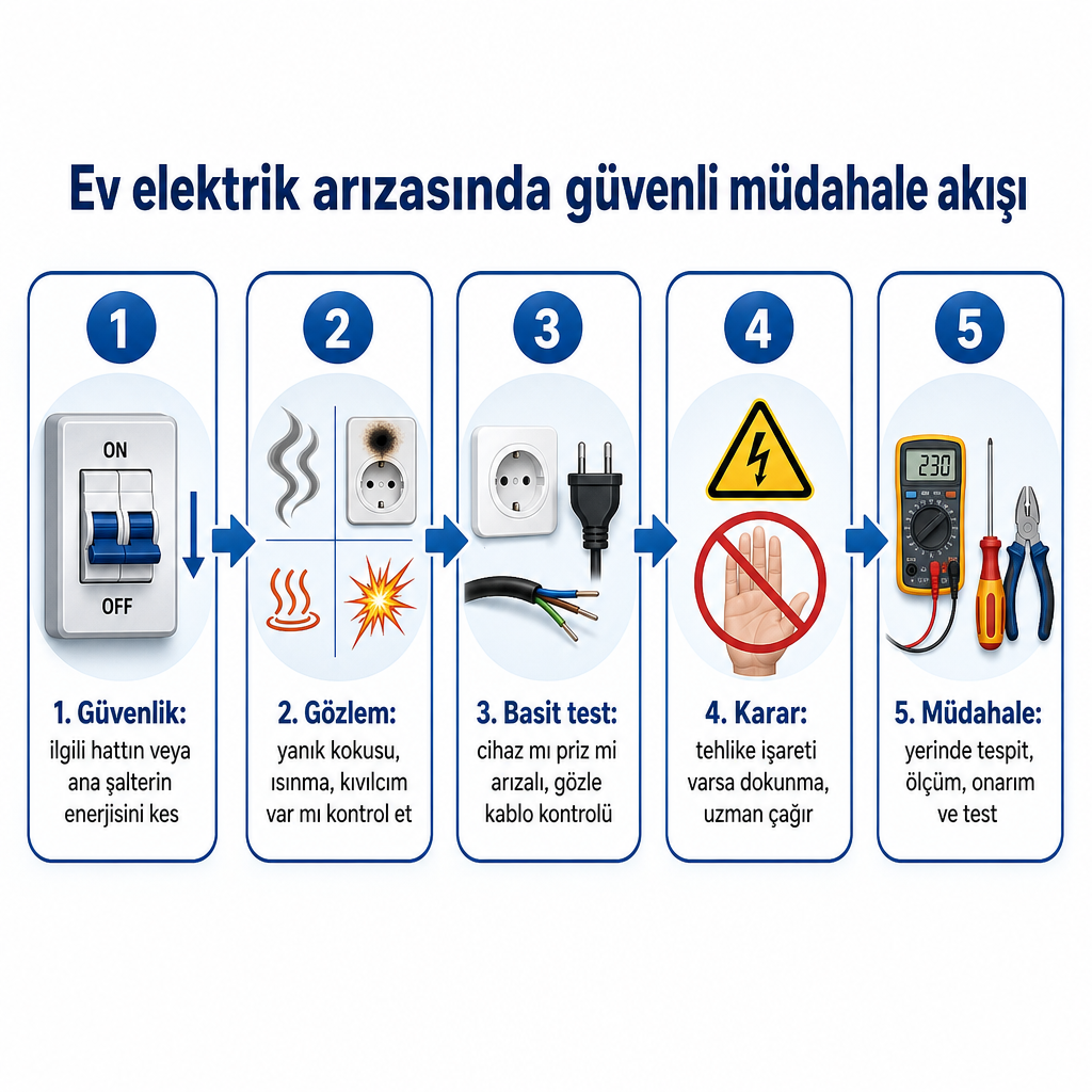 Ev elektrik arızasında beş adımlı güvenli müdahale sürecini gösteren şema