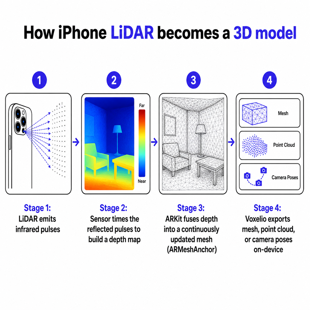 Four-stage diagram showing LiDAR pulses becoming a depth map, then an ARKit mesh, then Voxelio exports