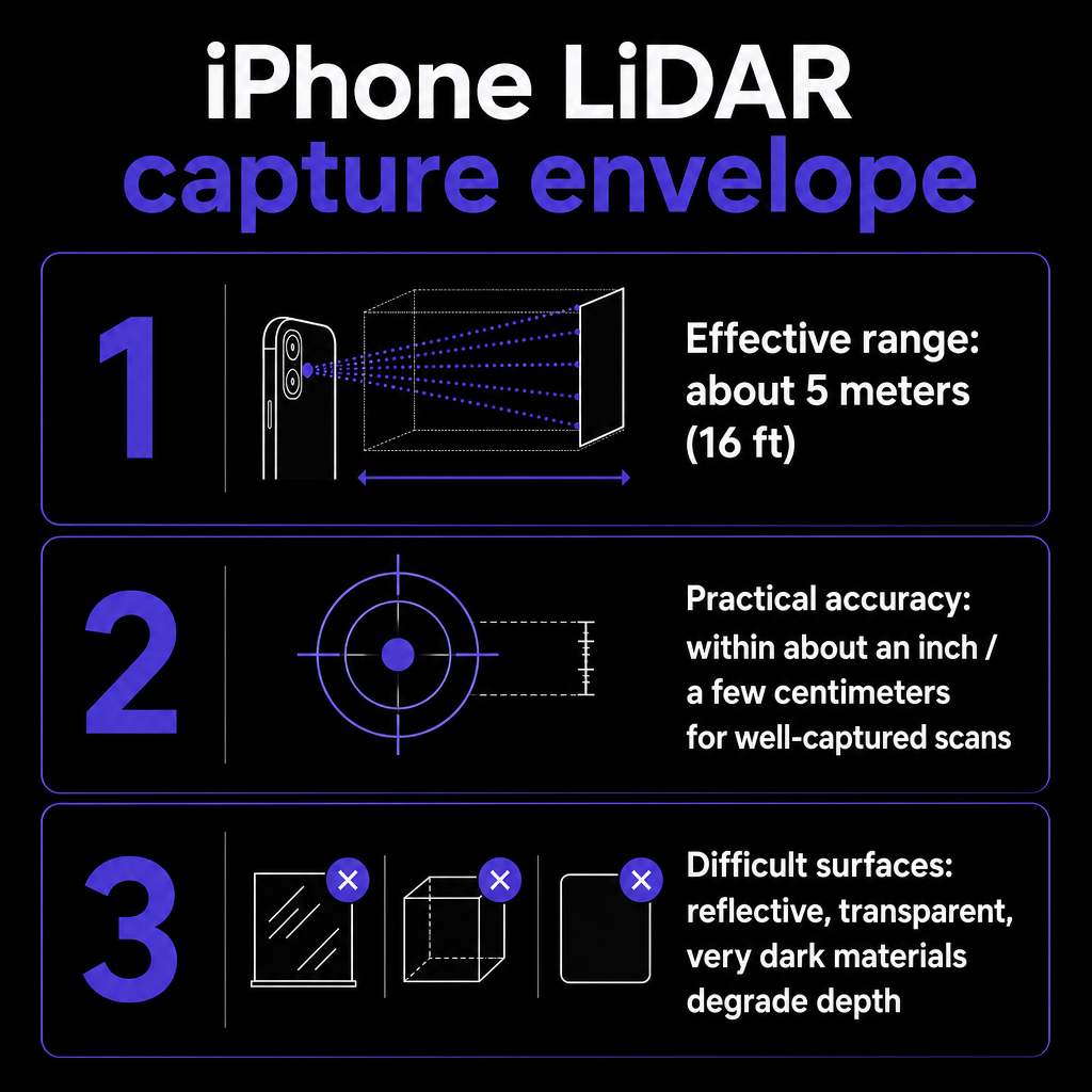 Infographic listing iPhone LiDAR effective range, practical accuracy, and difficult surface types