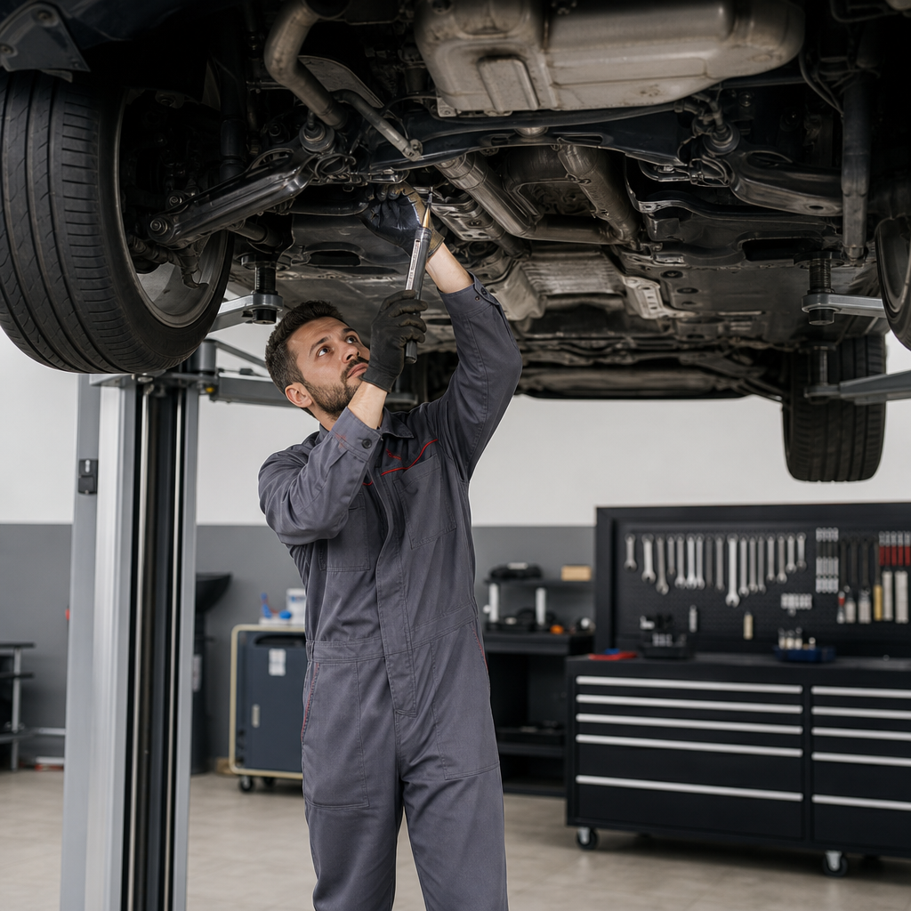 Kaldırıcıya alınmış bir aracın altında çalışan servis teknisyeni