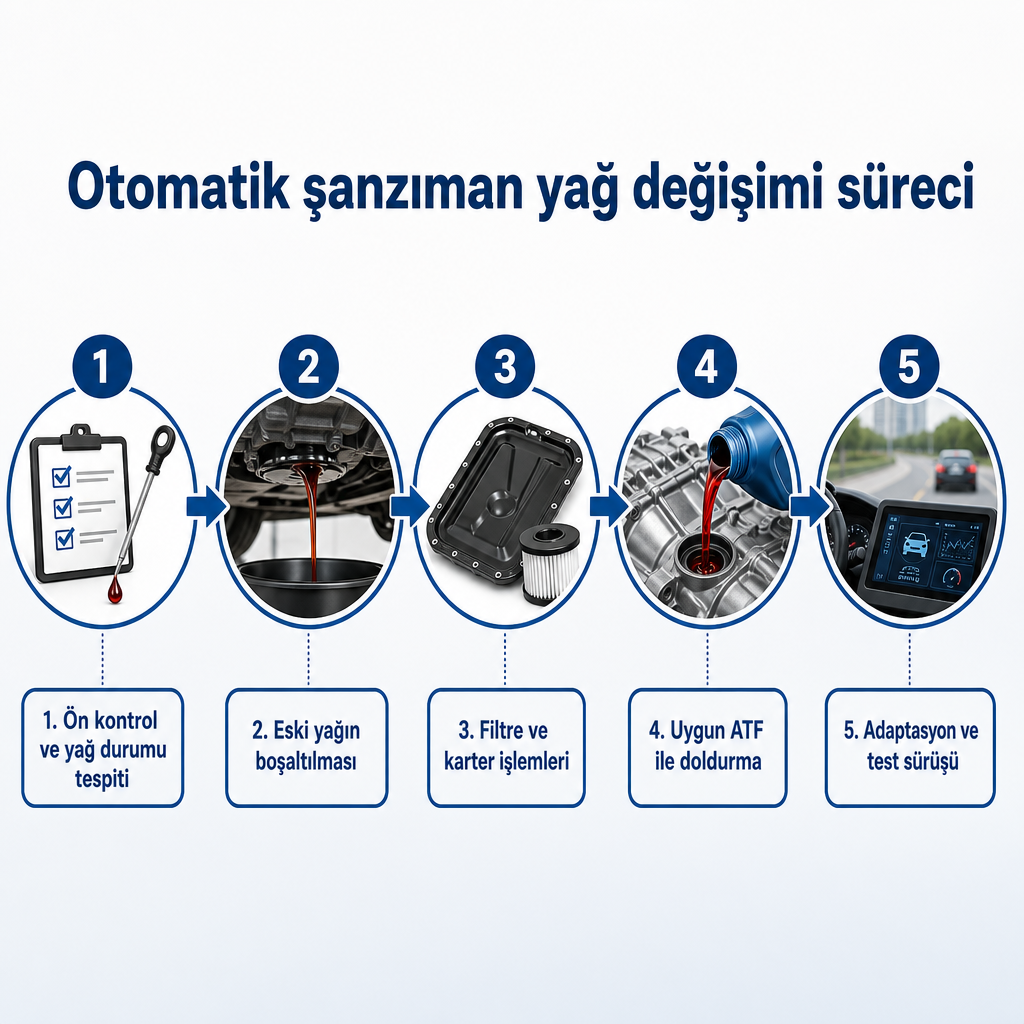 Otomatik şanzıman yağ değişiminin beş adımlı süreç şeması