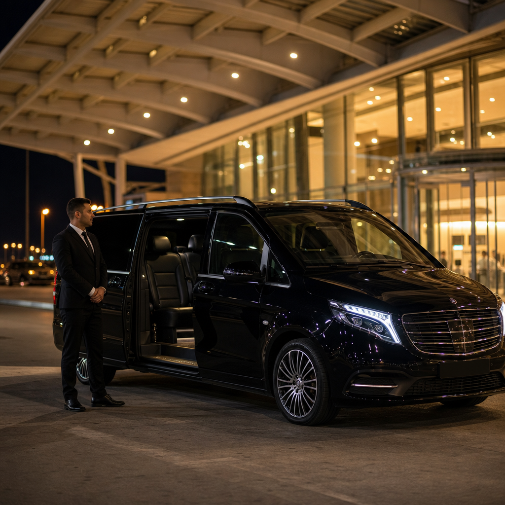 Chauffeured black VIP minibus waiting for passengers at the airport exit
