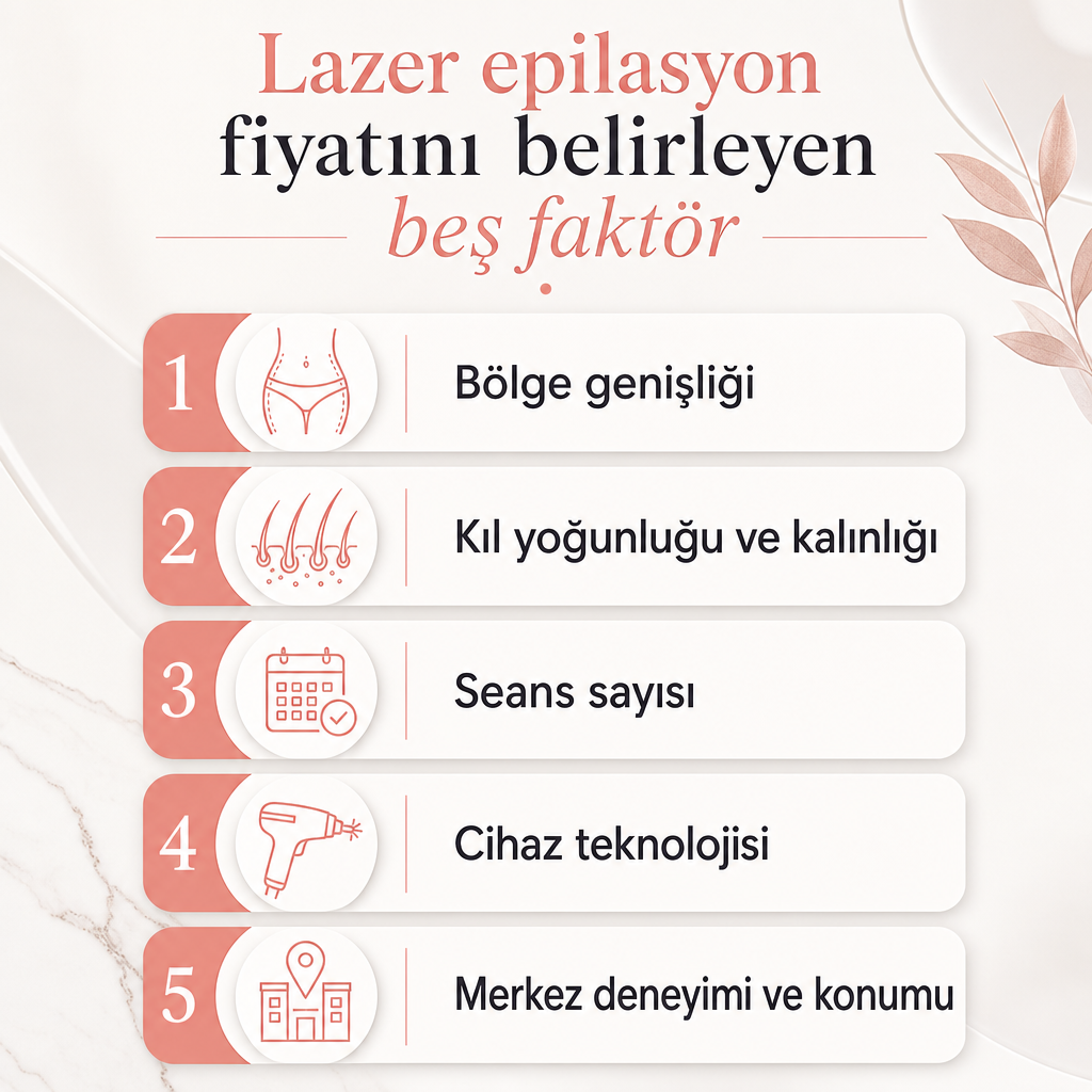 Lazer epilasyon fiyatını etkileyen beş faktörü sıralayan infografik