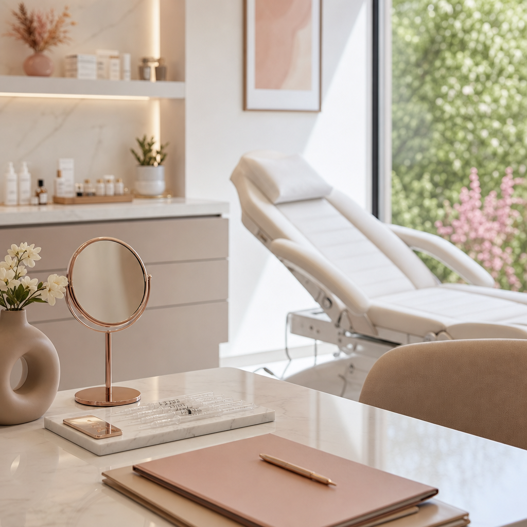 Doğal dudak dolgusu danışmanlığı için hazırlanmış sade ve profesyonel bir klinik ortamı