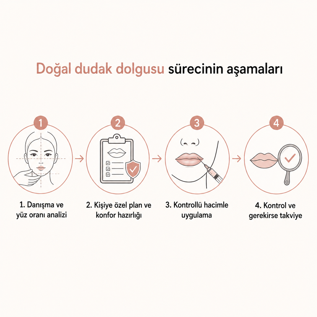 Danışmadan kontrol randevusuna kadar doğal dudak dolgusu sürecinin dört aşamalı şeması