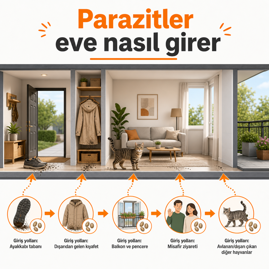 Parazit yumurtalarının eve girebileceği yolları gösteren bilgilendirici görsel