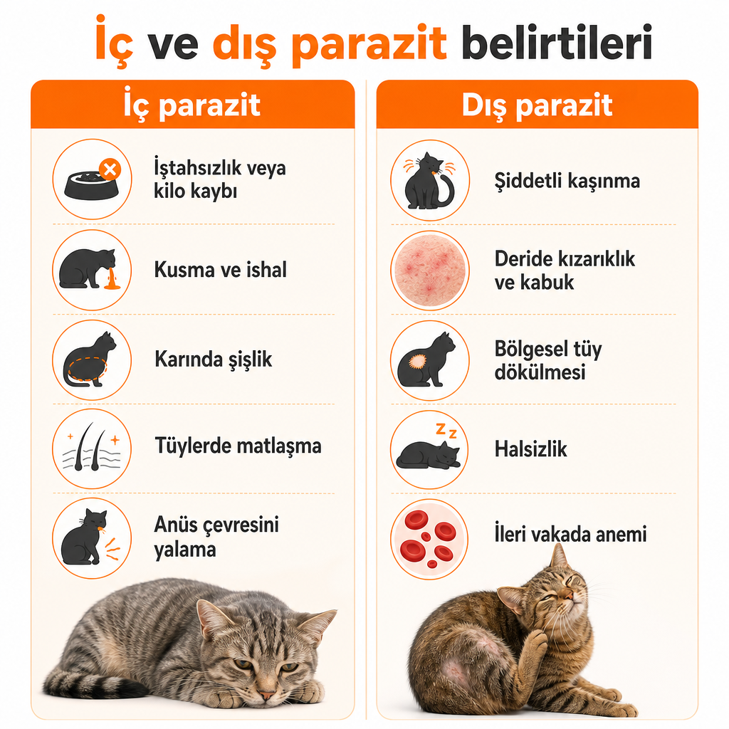 İç ve dış parazit belirtilerini karşılaştıran iki sütunlu görsel