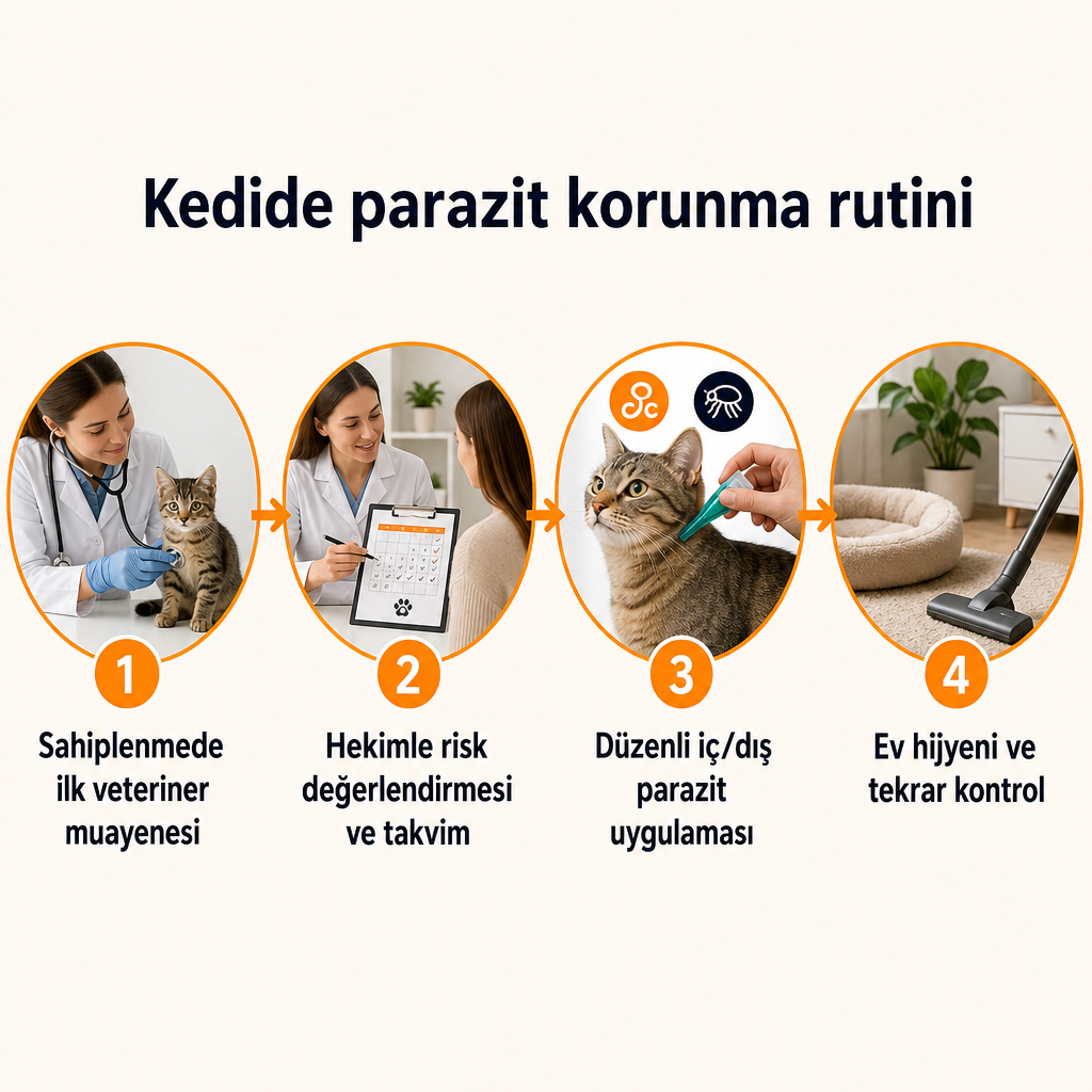 Kedilerde parazit korunma rutininin dört adımlı süreç görseli