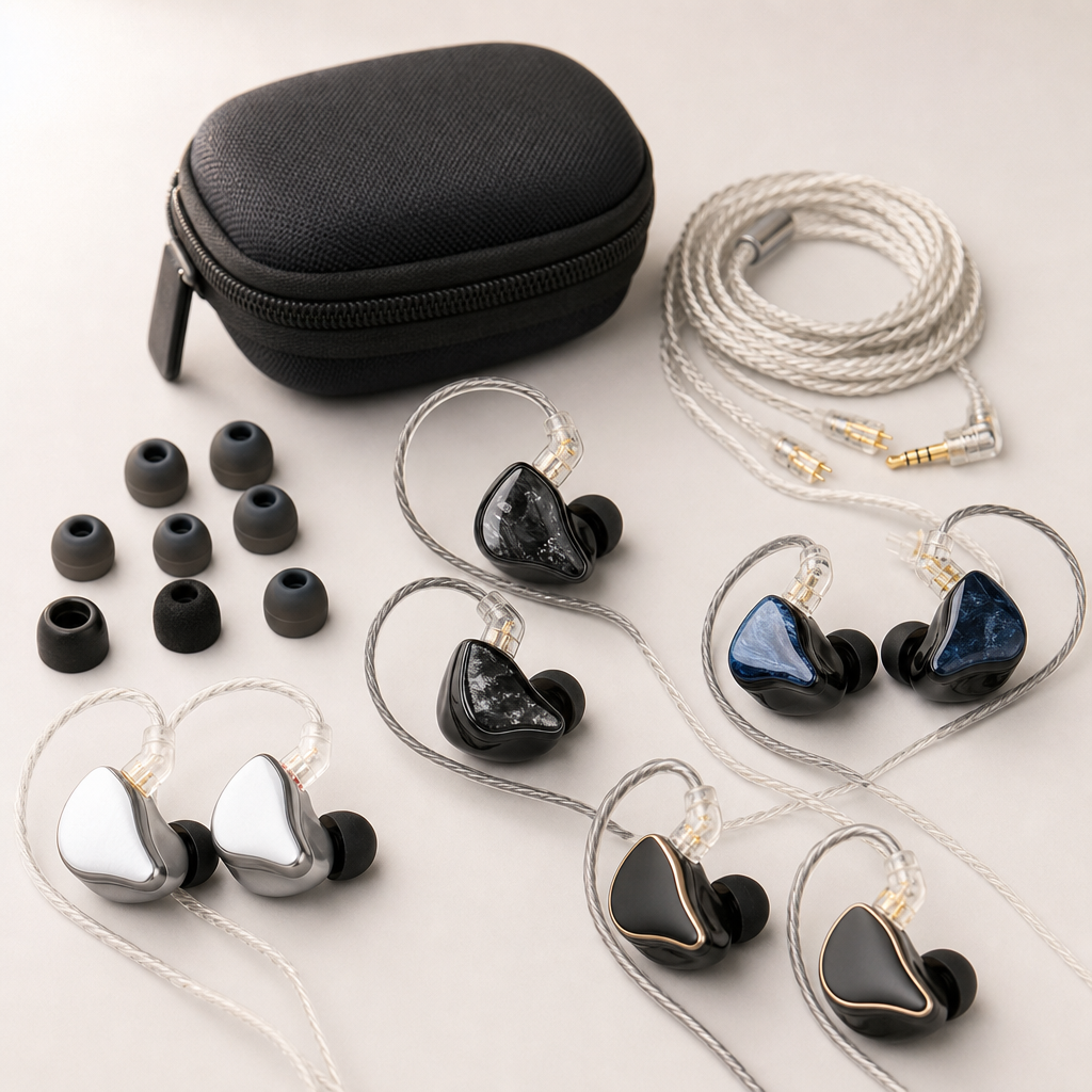 Mehrere kabelgebundene In-Ear-Monitore mit Kabel, Ohrstöpseln und Transportcase