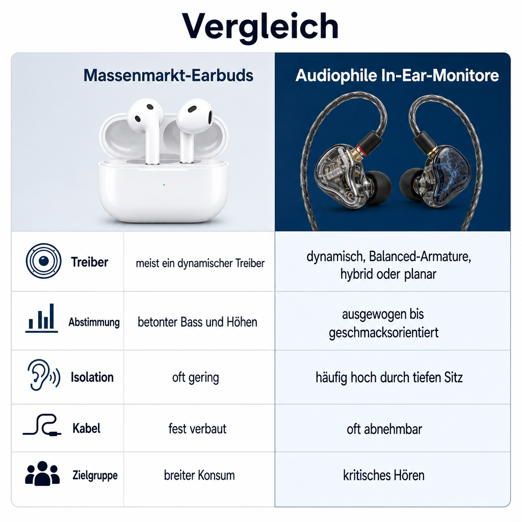 Vergleichstabelle zwischen einfachen Earbuds und audiophilen In-Ear-Monitoren
