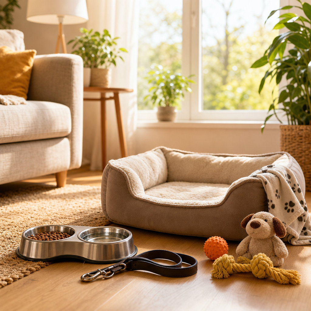 Köpek gelmeden önce hazırlanmış yatak, mama kabı, tasma ve oyuncaklardan oluşan ev köşesi