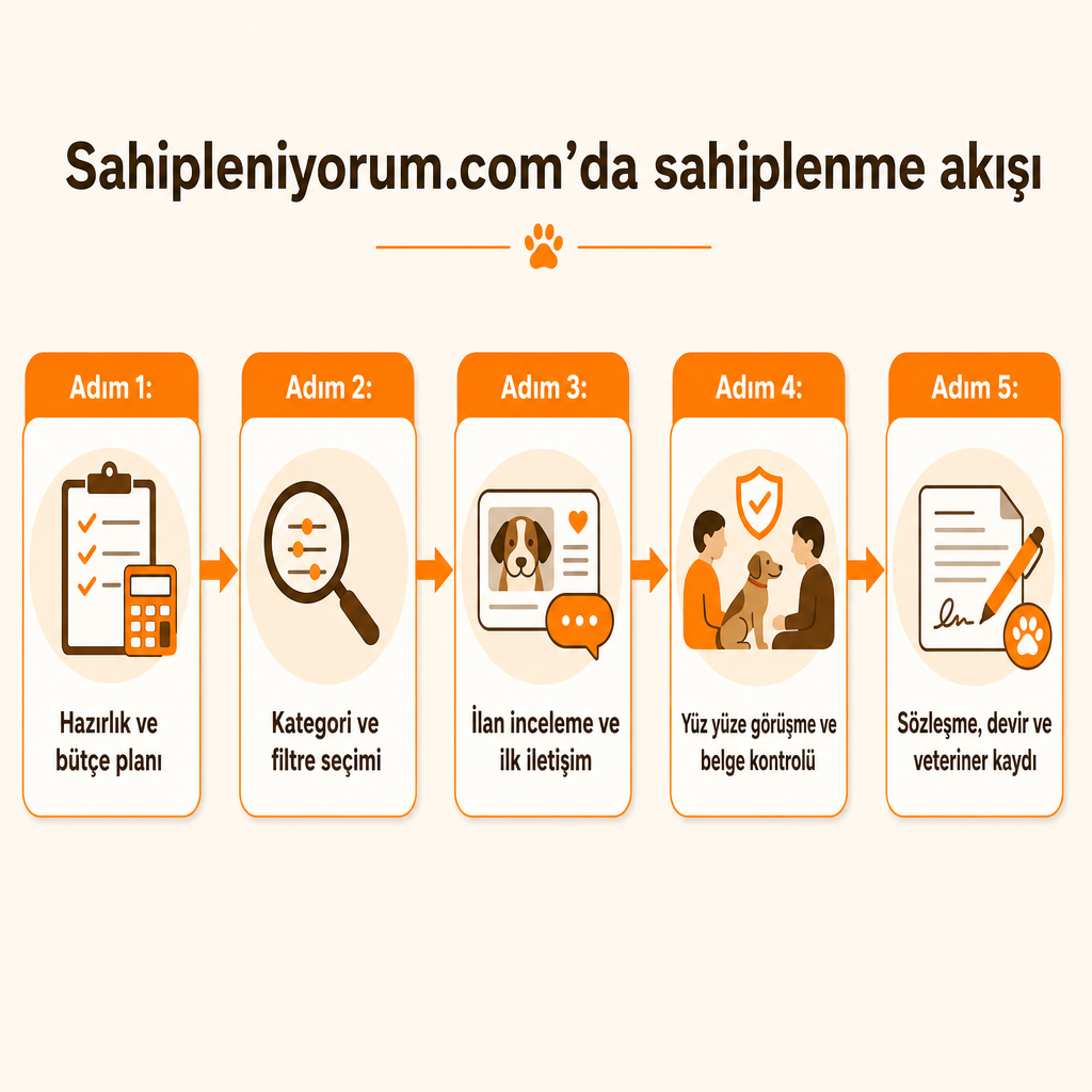 Sahiplenme sürecinin hazırlık, filtreleme, iletişim, görüşme ve sözleşme olarak beş adımını gösteren şema