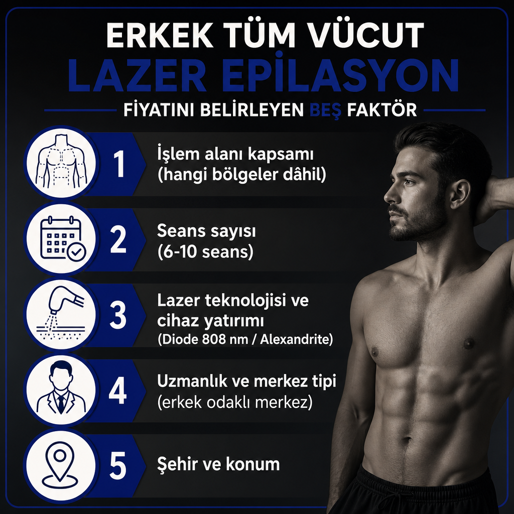 Erkek tüm vücut lazer epilasyon fiyatını etkileyen beş faktörü sıralayan infografik