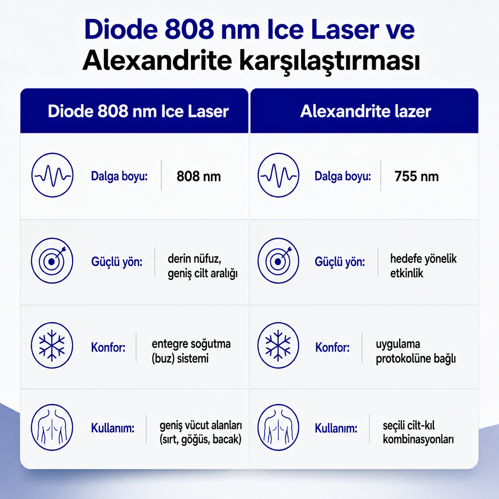 Diode 808 nm Ice Laser ile Alexandrite lazerin dalga boyu ve kullanım alanlarını karşılaştıran görsel