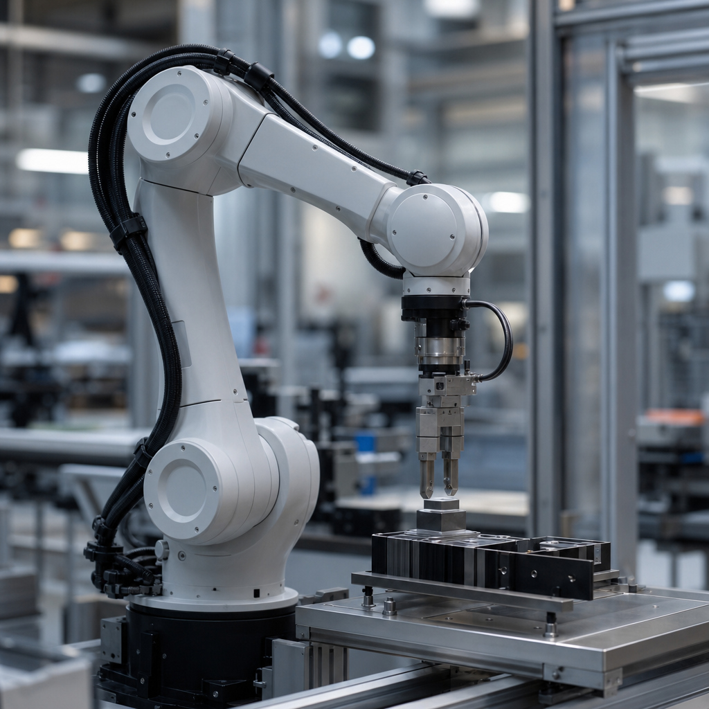 A robotic manipulator arm positioned at a workstation in an industrial setting