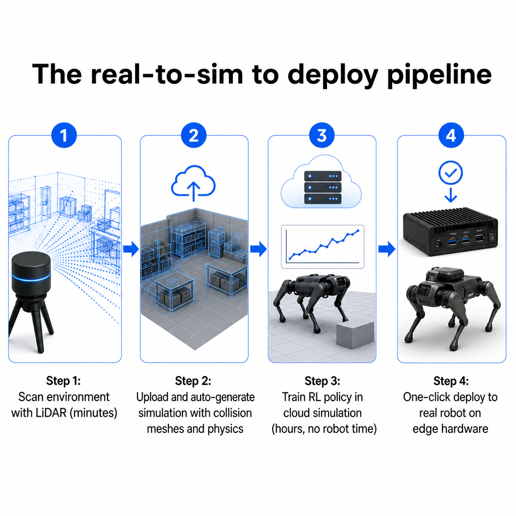 A four-step process diagram showing scanning, uploading, cloud training, and deployment