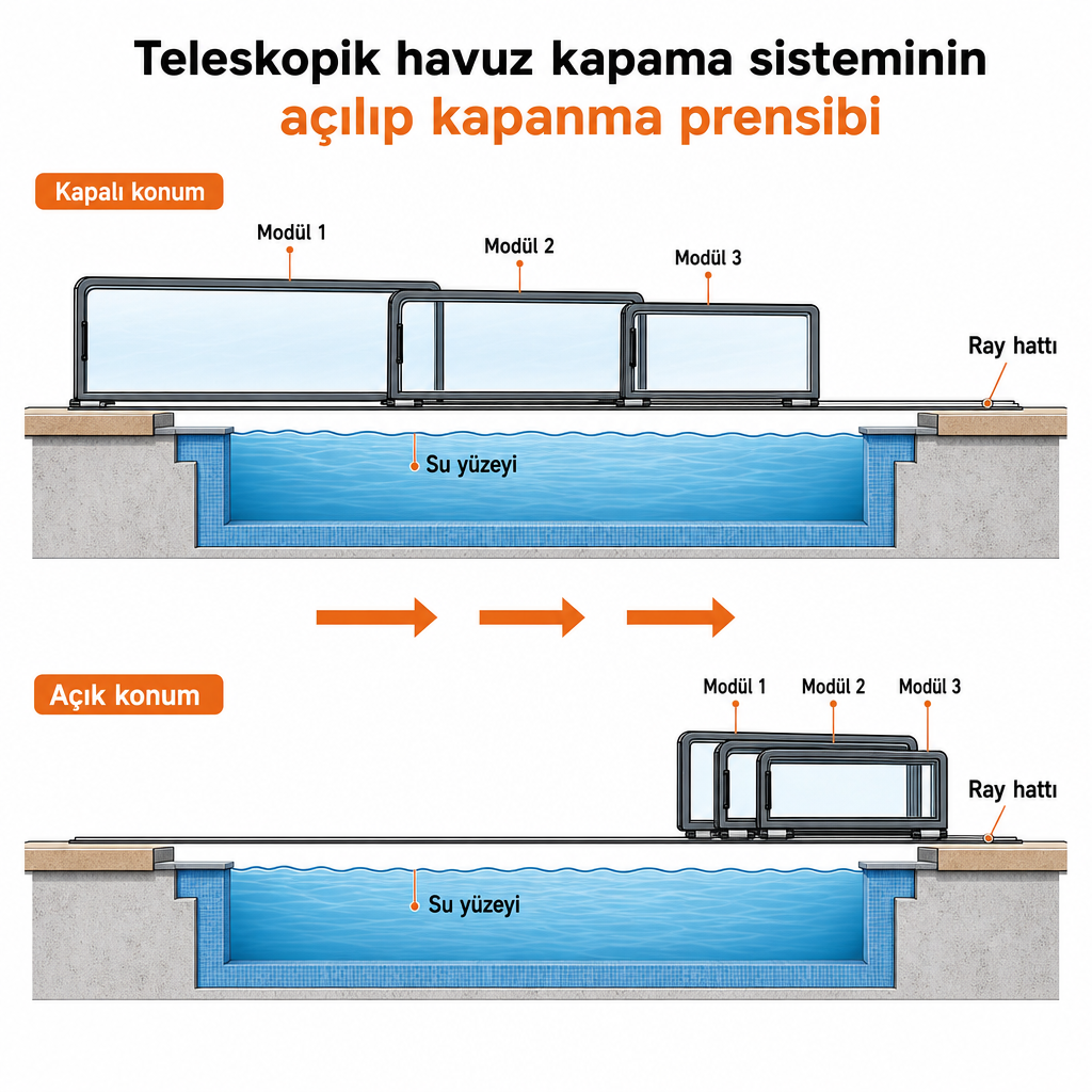 Raylar üzerinde birbirinin içine kayarak açılıp kapanan üç panelli teleskopik havuz kapama sistemi kesiti