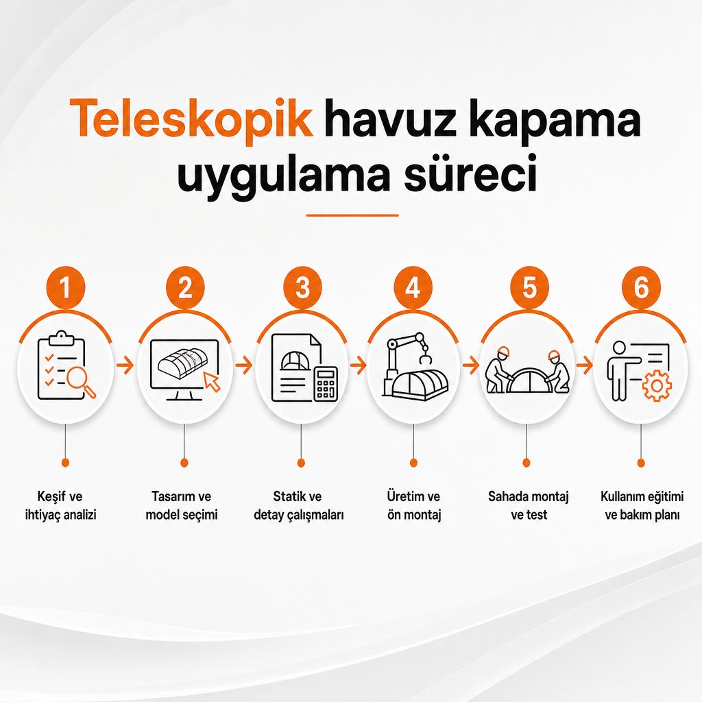 Teleskopik havuz kapama uygulamasının keşiften bakım planına uzanan altı adımlı süreç şeması