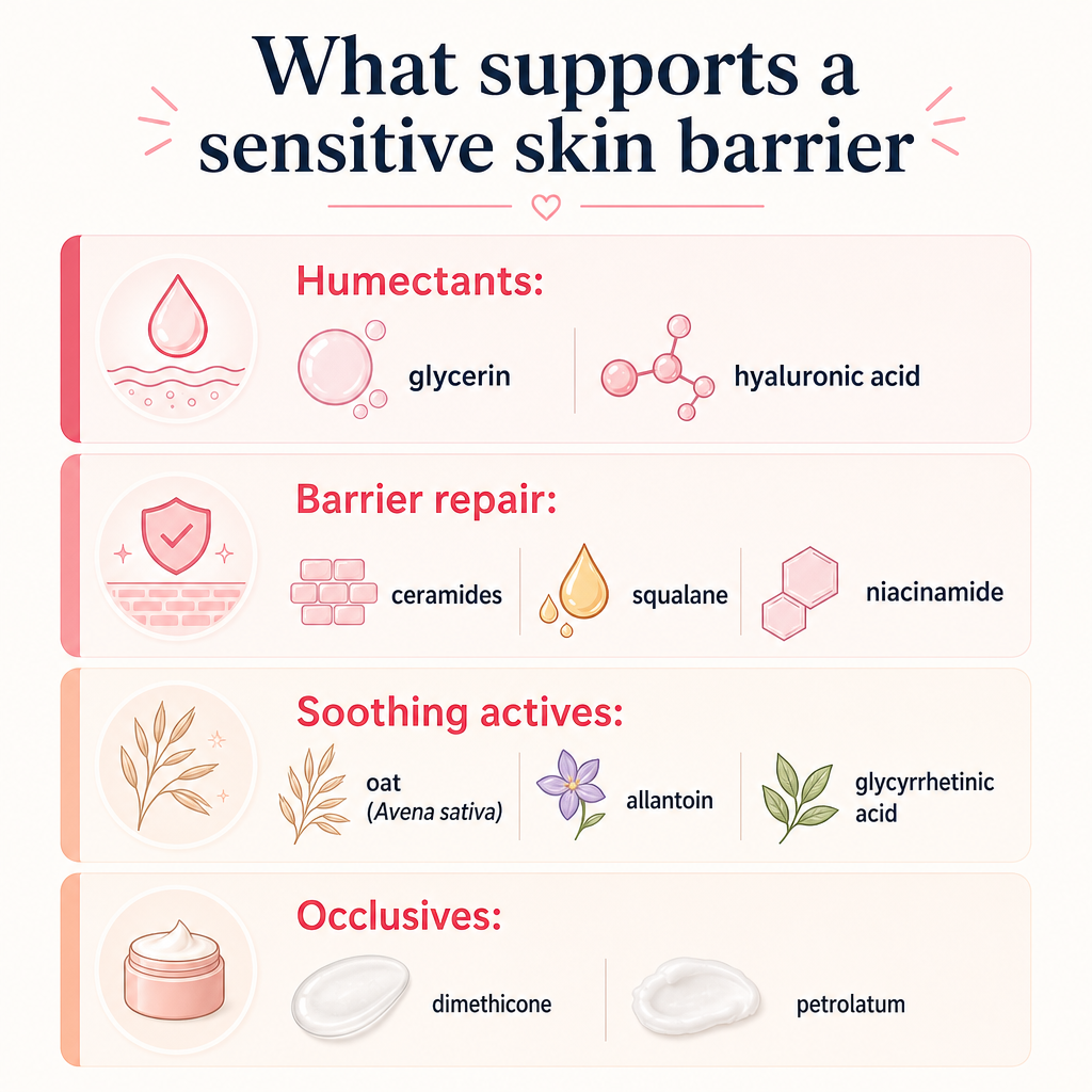 Infographic listing humectants, barrier repair ingredients, soothing actives, and occlusives for sensitive skin