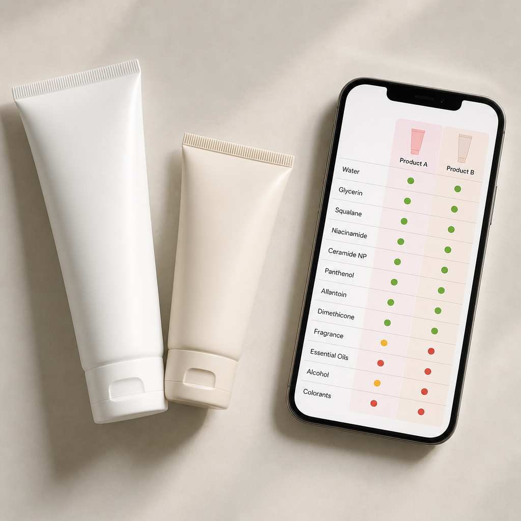 Two plain skincare tubes beside a phone displaying an ingredient comparison