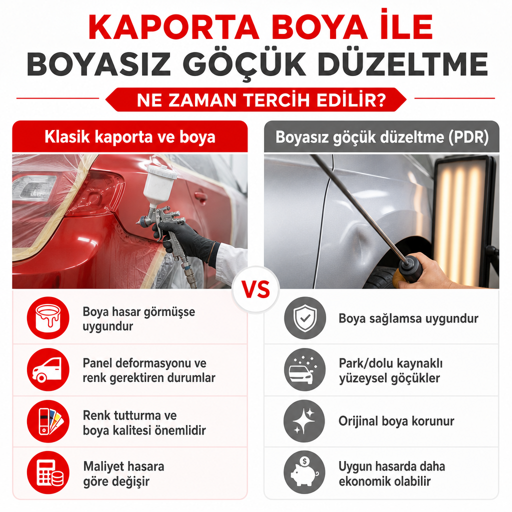 Kaporta boya ile boyasız göçük düzeltme yöntemlerinin ne zaman tercih edileceğini gösteren karşılaştırma