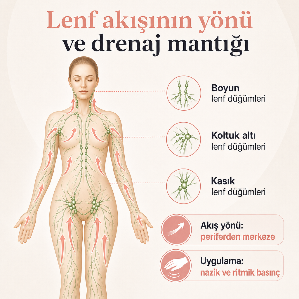Vücutta lenf sıvısının uç bölgelerden boyun, koltuk altı ve kasıktaki ana lenf düğümlerine doğru akışını gösteren şema.