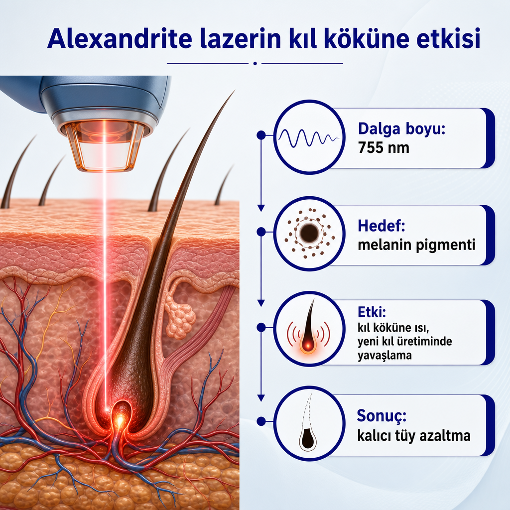 755 nm Alexandrite lazer ışığının cilt yüzeyinden kıl köküne ulaşıp melanini hedef aldığını gösteren kesit diyagramı