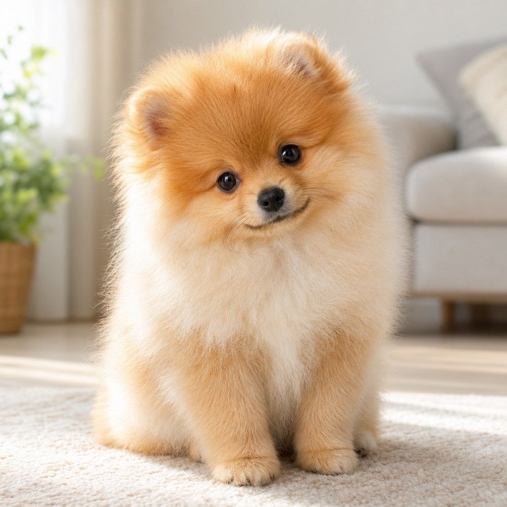 Ev içi ortamda oturan kabarık kürklü küçük bir pomeranian yavru