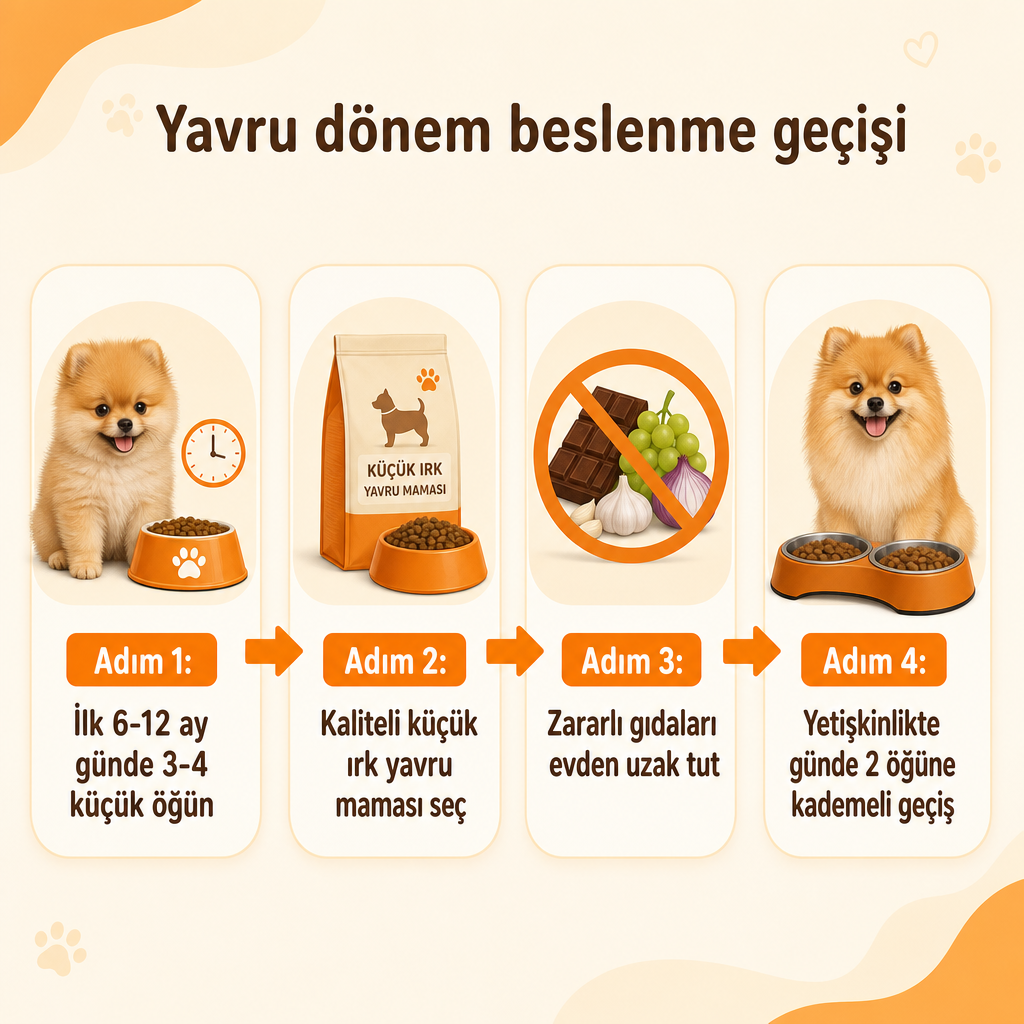 Pomeranian yavrudan yetişkinliğe beslenme geçiş adımlarını gösteren süreç şeması
