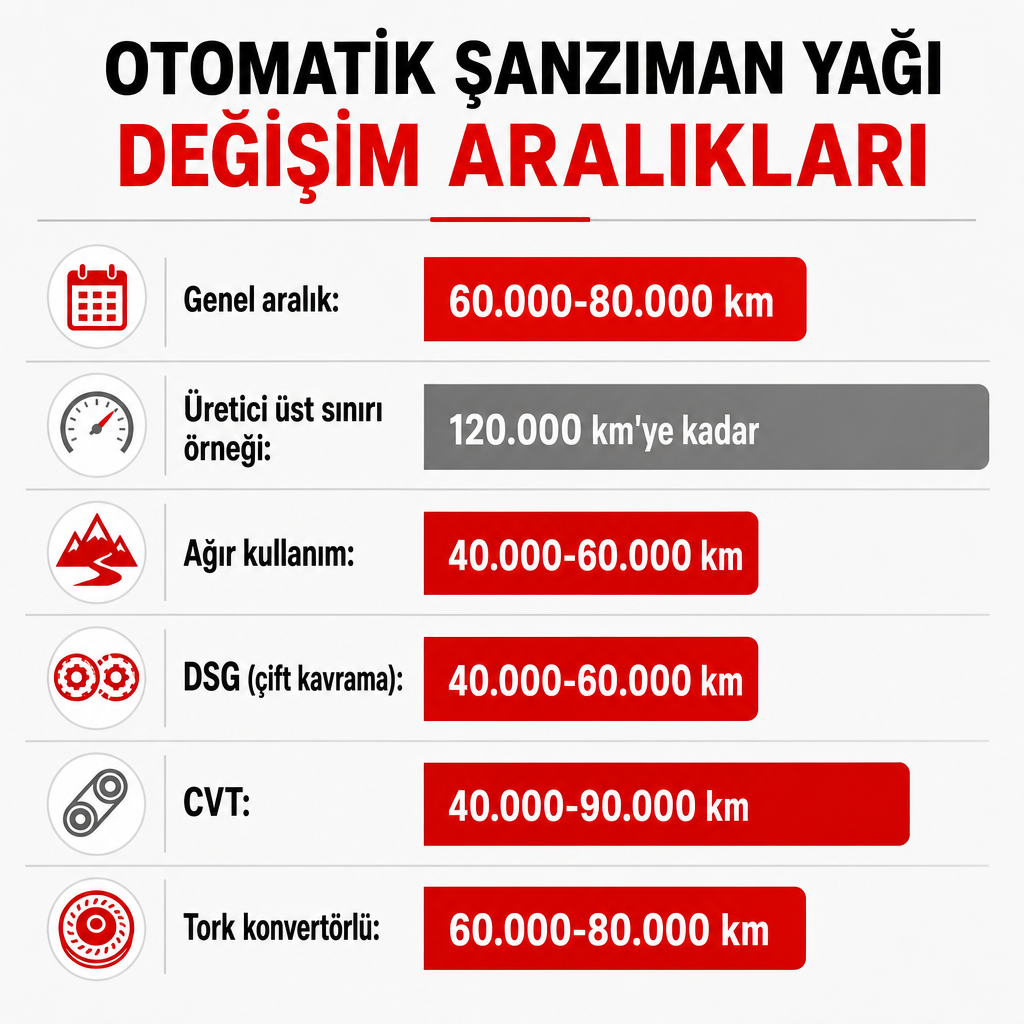 Şanzıman tiplerine göre otomatik şanzıman yağı değişim kilometre aralıklarını gösteren bar grafiği