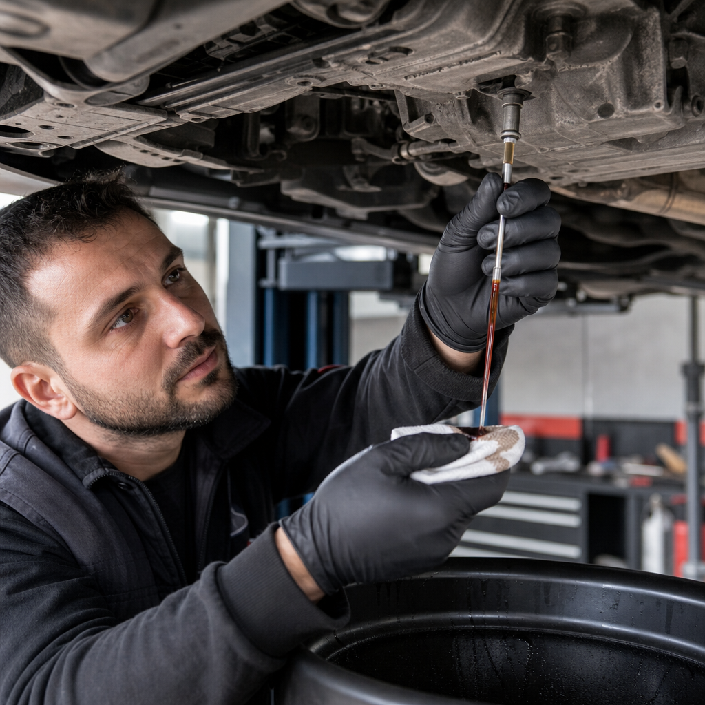 Servis ortamında otomatik şanzıman yağının kontrol edildiği yakın plan görüntü